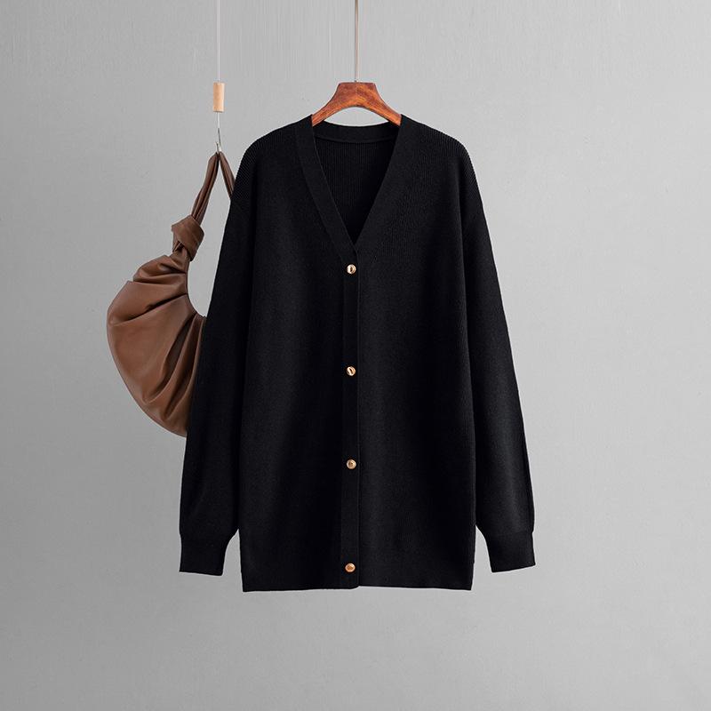Women's Spring Autumn V-Neck Full Sleeve Single Breasted Loose Solid Color Middle Long Sweater Cardigan