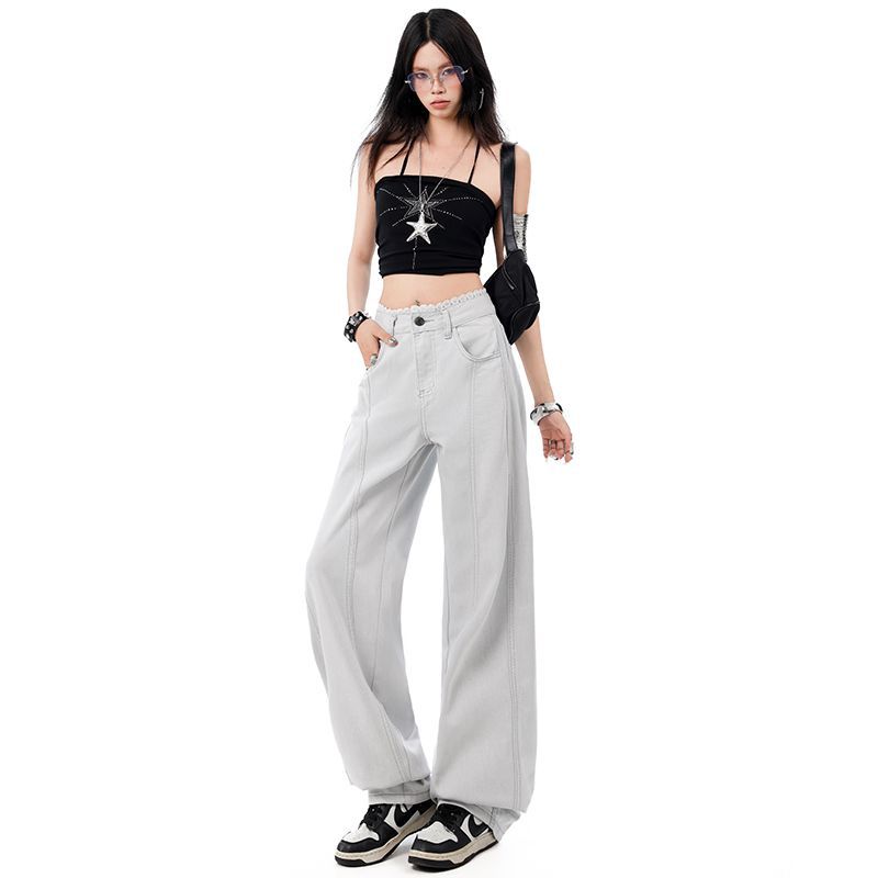 Spring Summer Lace Trim Raised Side Seam Design Slim Relaxed Saber Cut High Waist Denim Pants For Women Casual Pants Oversize Denim Trousers