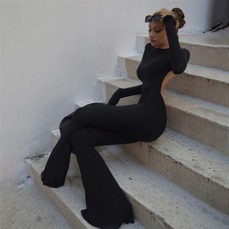Super Model Catwalk Red Carpet Aura Net Red Wind Tall Long Sleeves Backless Slim Fit Wide Leg Slimming One-Piece Pants