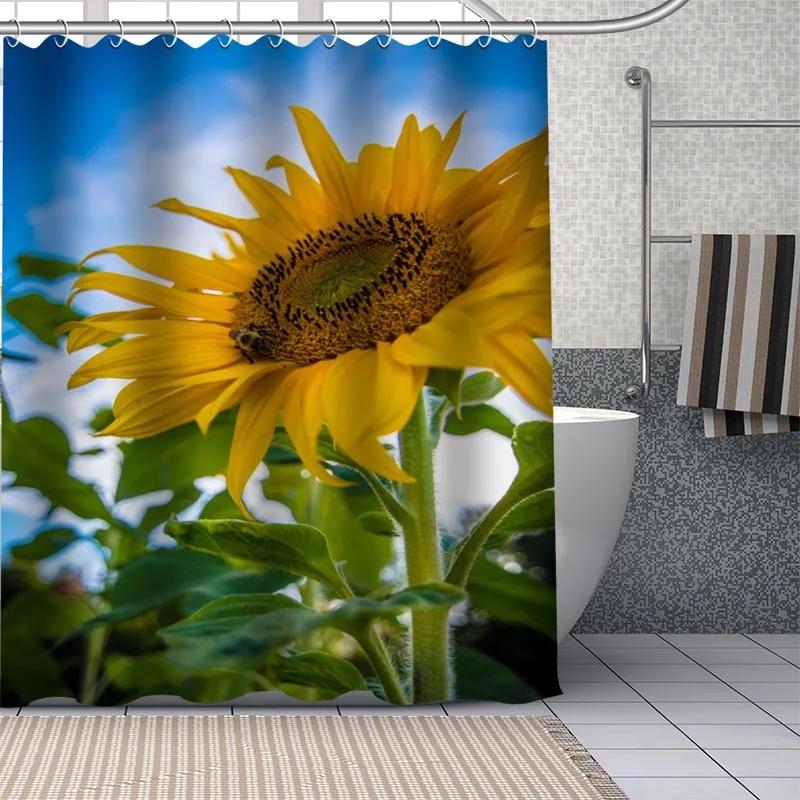 Frische Natur Sonnenblumen Kunstmuster Duschvorhang Badezimmer Dekoration Wasserdicht Polyestergewebe Badewannen-Bildschirm Mit Haken