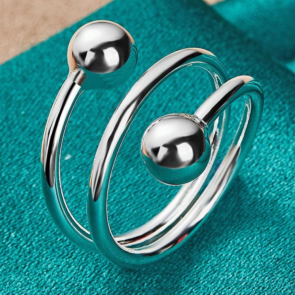 

925 Sterling Silver Plated Double Round Head Ring for Women Fashion Wedding Party Charm Jewelry one-size серебряный