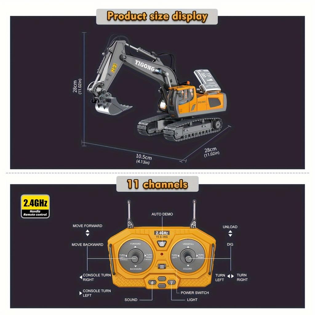 Remote Control Excavator Building Toy for Boys, 1200mAh RC Excavator Toy with Metal Bucket and Lights, 11 Channel Excavator Toy, Birthday Gift