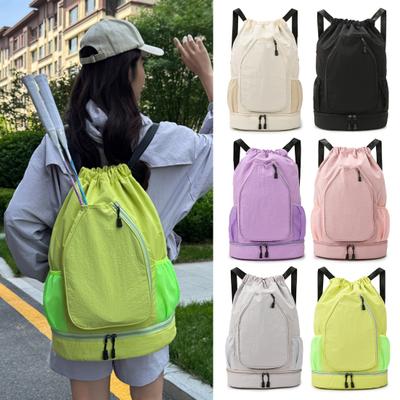 Drawstring Gym Backpack Sports Bag with Shoe Compartment Racket Pocket Lightweight Daypack for Badminton Tennis Basketball Fitness
