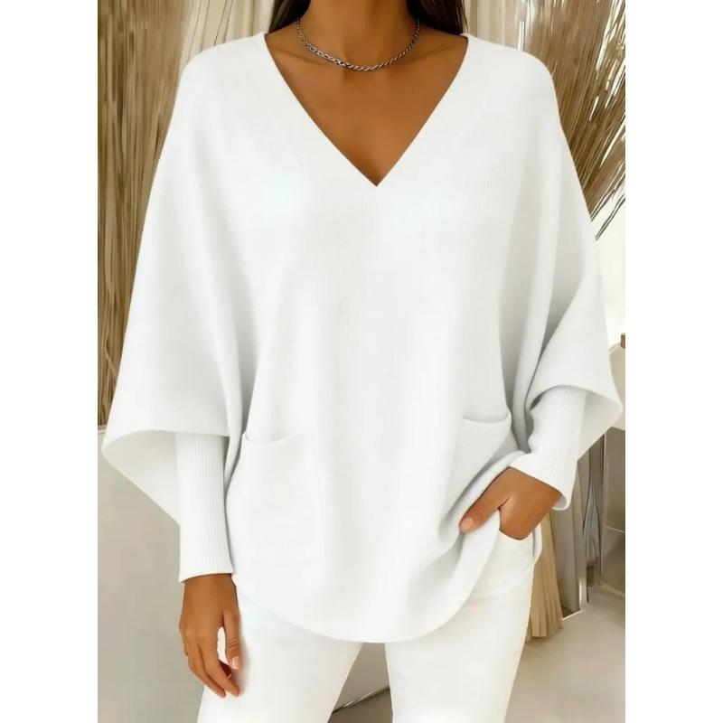 VEZFAA Damenmode, lässig, Herbst/Winter, einfarbig, bedruckt, langärmelig, V-Ausschnitt