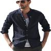Mens Retro Casual Loose Long Sleeve Stand Collar Solid Shirt