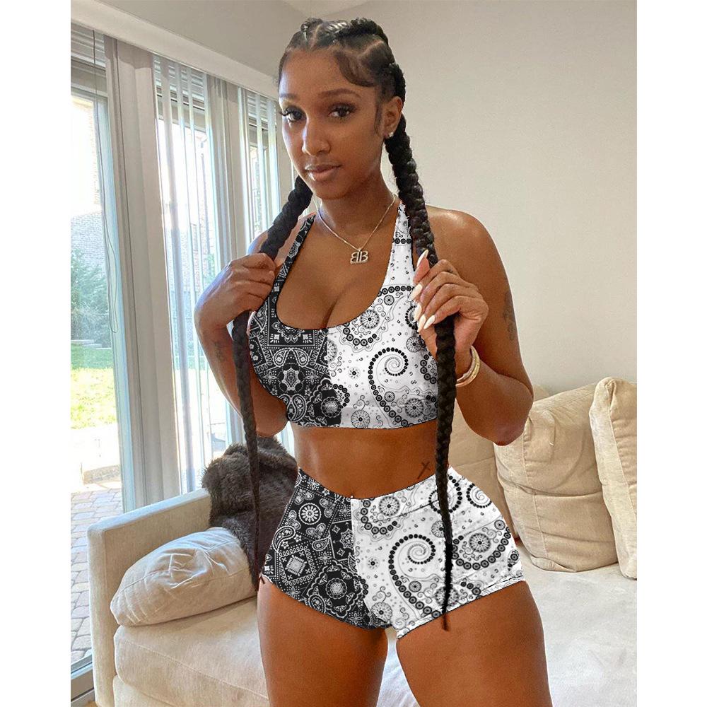 Women's European & American Contrast Color Sports Vest and Printed Pants Set