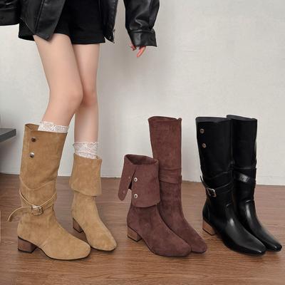 Autumn Pleated Women Western Cowboy Boots Fashion Belt Buckle Thick Heels Shoes Street Style Slim Knight Long Botas Para Mujer