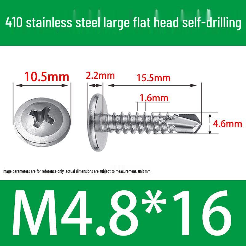 410 Stainless Steel Phillips Self-Drilling Screws, Large Flat or Round Head, Self-Tapping, Swallow Tail, for Iron and Steel Sheets.