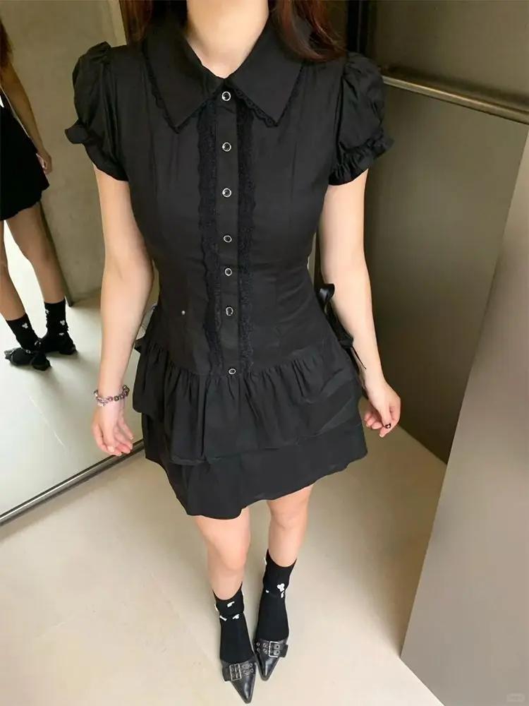 Summer Chic Vintage Black Short Sleeve Dress Women High Street Y2k Patchwork Slim Lapel Gothic Dresses Retro Hot Girl Clothing