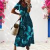 Women Plus Size V Neck Short Sleeve Pink Floral Printed Long Straight Dress