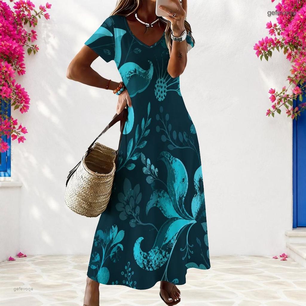 Women Plus Size V Neck Short Sleeve Pink Floral Printed Long Straight Dress