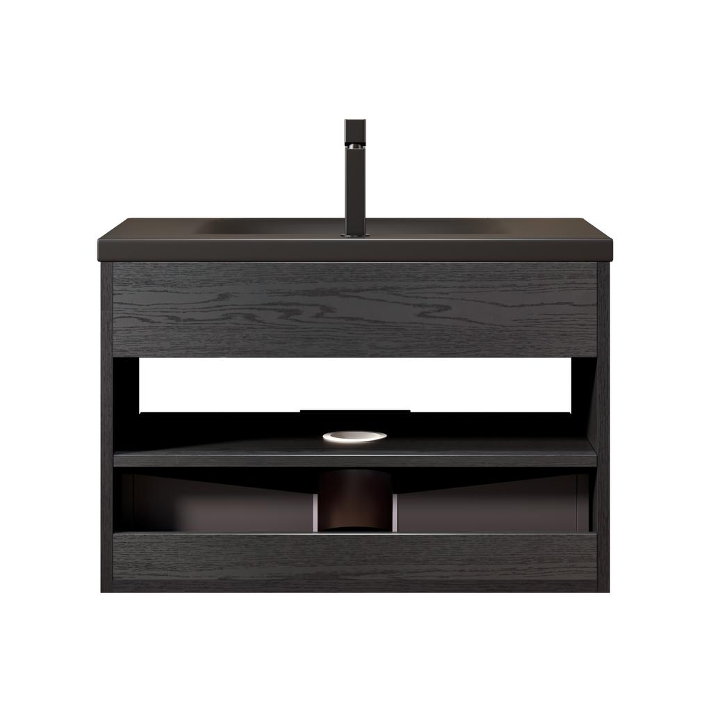 75cm Floating Bathroom Vanity with Integrated Undermount Ceramic Basin, Beveled Plywood Cabinet with Shelf and Drawer, Pre-assembled, Black Wood Grain