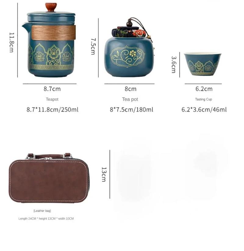 Portable Gongfu Tea Set with Ceramic Teapot & Tea Tin In Leather Bag for Outdoor Camping Hiking Travel Quick Brew
