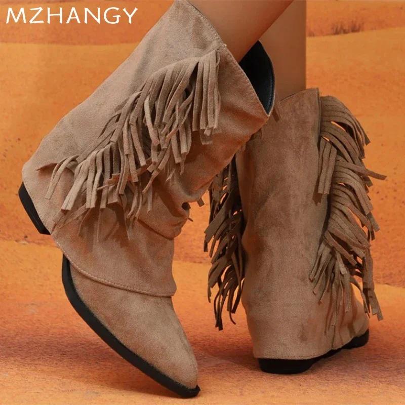 Fashion Suede Women Mid Calf Boots Pointed Toe Fringes Designer Shoes Woman 2024 Trend Snow Boots New Chelsea Boots Winter Mujer Botas