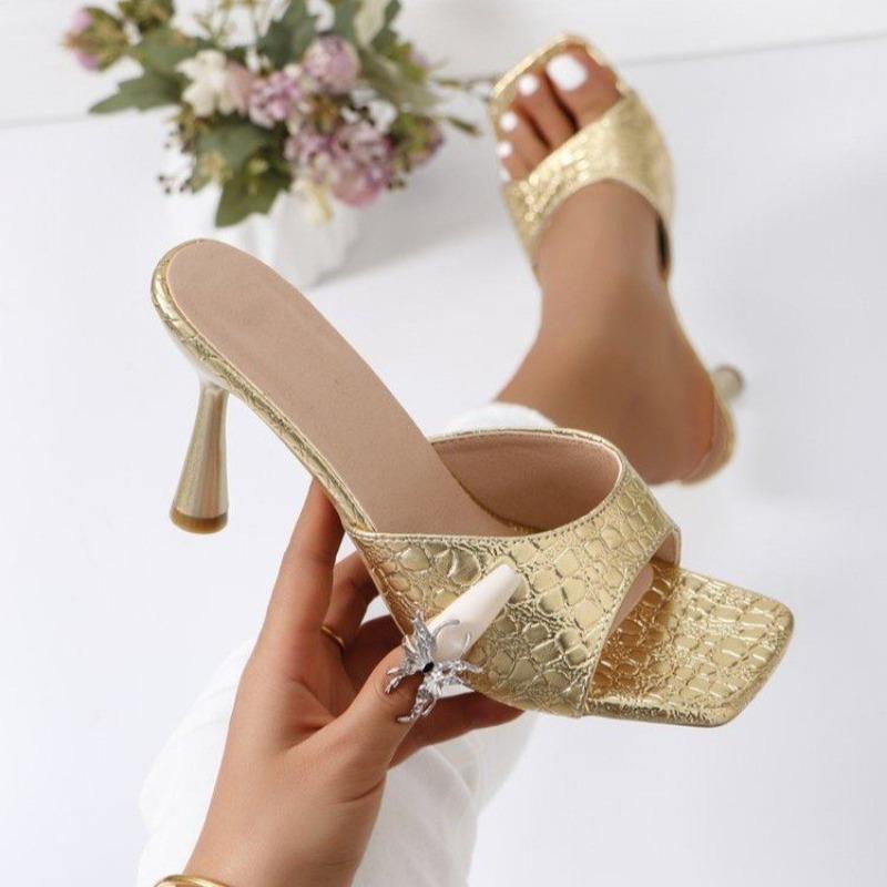 Women's Plus Size Stone Pattern Peep Toe Slide Sandals, Slim Stiletto Heel Design for Elegant Outdoor Daily Casual Wear