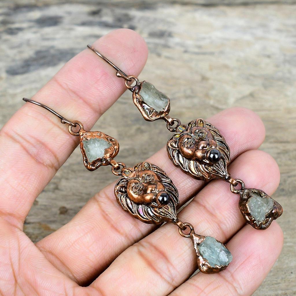 Aquamarine Rough Earring Electroformed Copper Earrings Gemstone Handmade Jewelry Lion Face Earring Beautiful Copper Jewelry Gifts for Mother