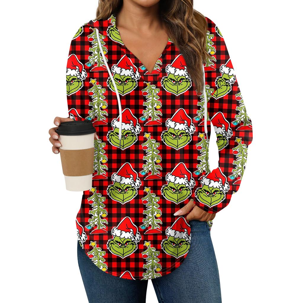Women's Fashion Hoodies V Neck Long Sleeve Christmas Printed Drawstring Casual Loose Pullover Tops