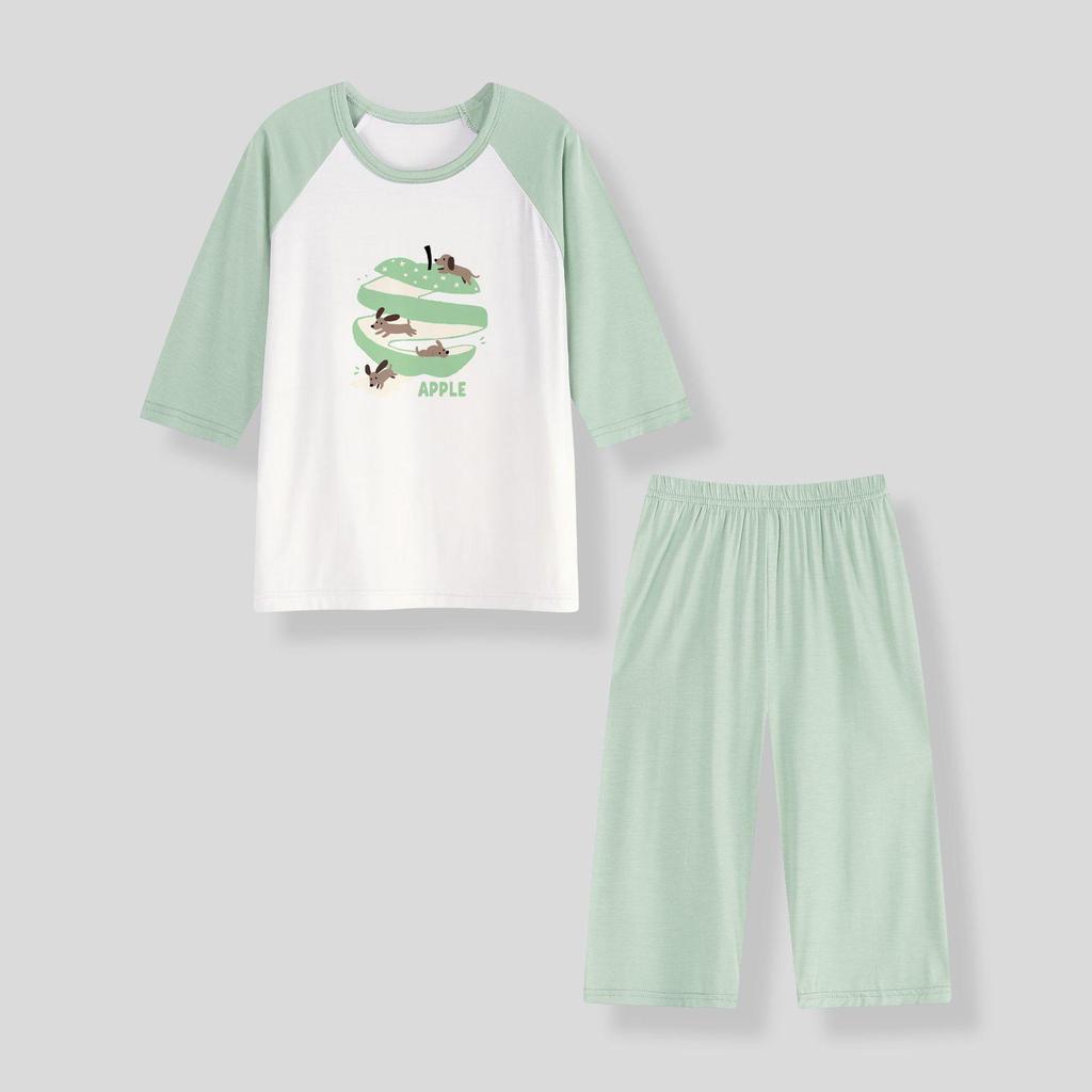 Girls' Air-Conditioned Pajama Set: 7-Point Sleeve & Pants, Ages 2-15, Sizes 80-160cm, Breathable Summer Sleepwear