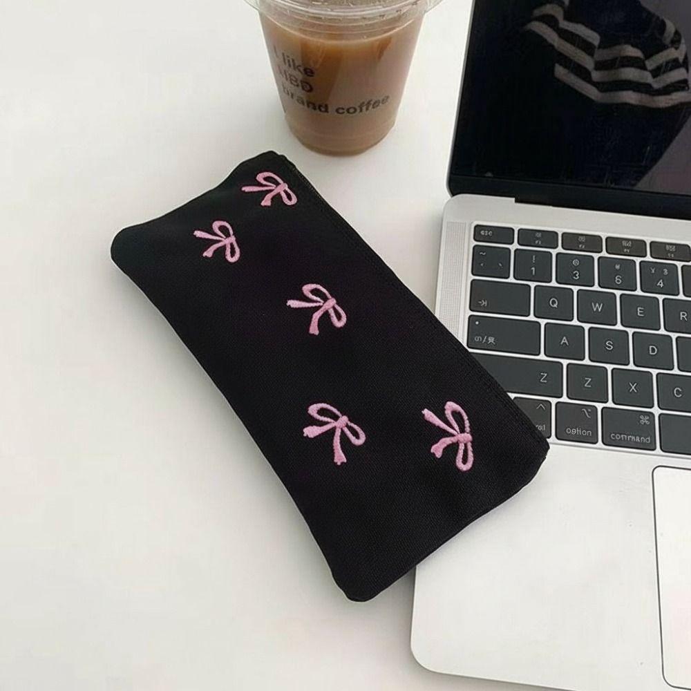 Trendy Canvas Cute Embroidered Bag Bowknot Square Shape Stationery Bag Lovely Print Cosmetics Bag