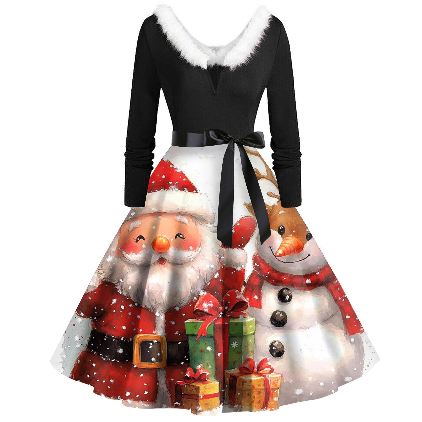 

Christmas Print Flare Dress For Women Long Sleeve Dress Hollow Party Casual Dresses XXXL