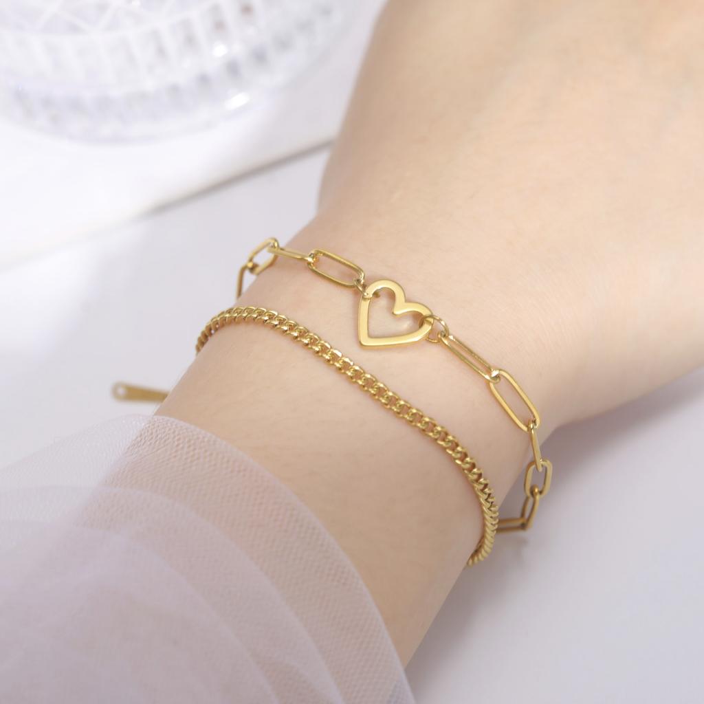 Heart Charm Bracelet Women's Stainless Steel Double Layer Paper Clip Chain Bracelet Jewelry Valentine's Day Gift New