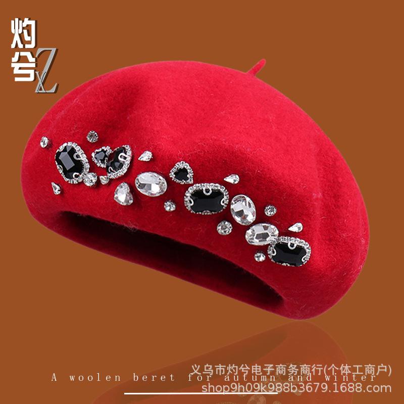 Autumn and Winter Literary and Artistic Solid Color Diamond-encrusted Fashion Wool Beret Women's Outdoor Shopping Versatile Face Small Painter Hat D