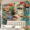 Floral Face Bird Art Tapestry Nature Portrait Wall Hanging Boho Decor Living Room Print