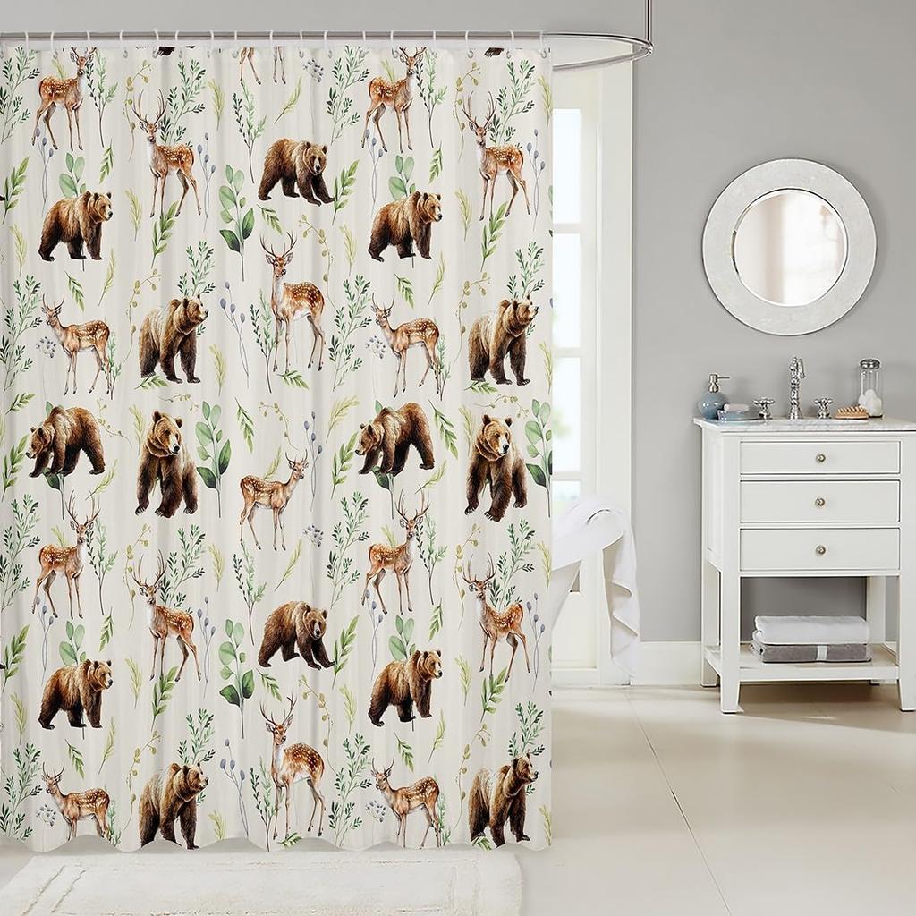 Erosebridal Bear Deer Hunting Shower Curtain,Cute Woodland Animal Waterproof Bathroom Curtains,Botanical Farmhouse Fabric Shower