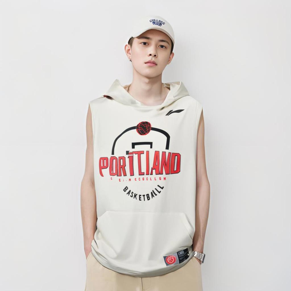 Li Ning Sports Basketball Series Letter Print Sleeveless Hoodie Men Hoodies Off-White AWDR351-2