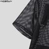 INCERUN Men Summer O Neck Short Sleeve Letter Print Mesh Sheer T-Shirts Transparent Tops