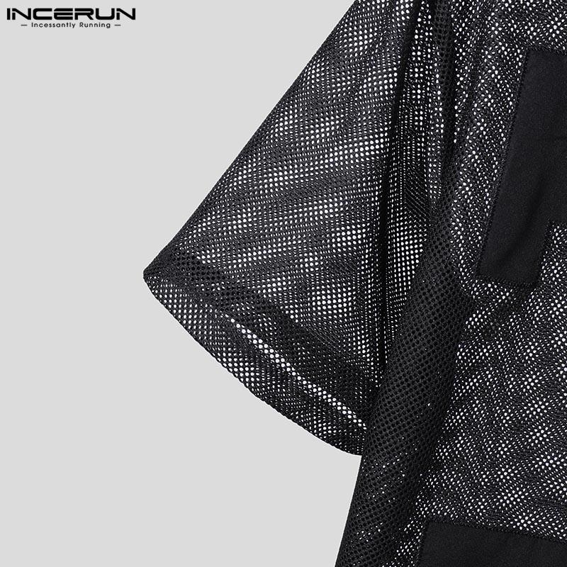 INCERUN Men Summer O Neck Short Sleeve Letter Print Mesh Sheer T-Shirts Transparent Tops