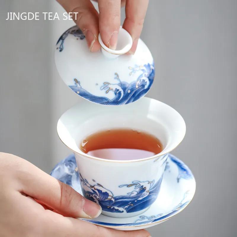 Exquisite Enamel Ceramics Gaiwan Outline In Gold White Porcelain Tea Tureen Teacup Household Tea Set Chinese Cover Bowl