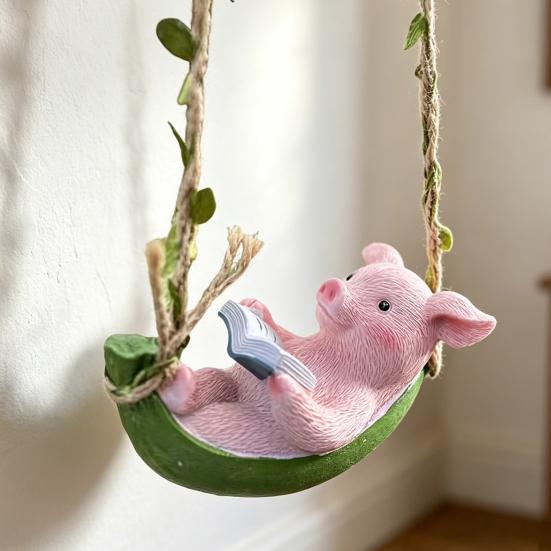 Hanging Resin Pig Figurine Cute Piggy Lying in Hammock Reading Book Hanging Animal