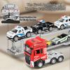 1:48 Double Decker Trailer Toy Models Metal Diecast Flatbed Truck Mounted Excavator Toys Sound Light Doors Opened for Boys Gifts