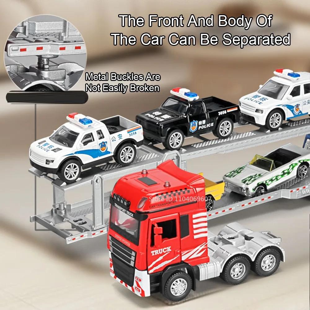 1:48 Double Decker Trailer Toy Models Metal Diecast Flatbed Truck Mounted Excavator Toys Sound Light Doors Opened for Boys Gifts