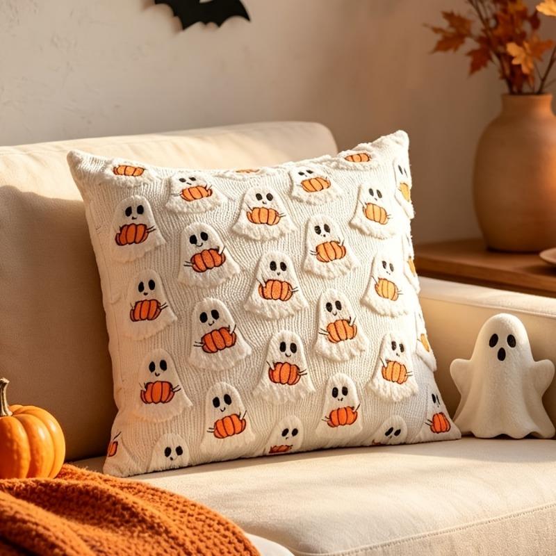 18×18in Quilted Ghost Pumpkin Plush Pillow Cover, Cute Cartoon Design for Halloween Home Decor. Pillow Insert Excluded.