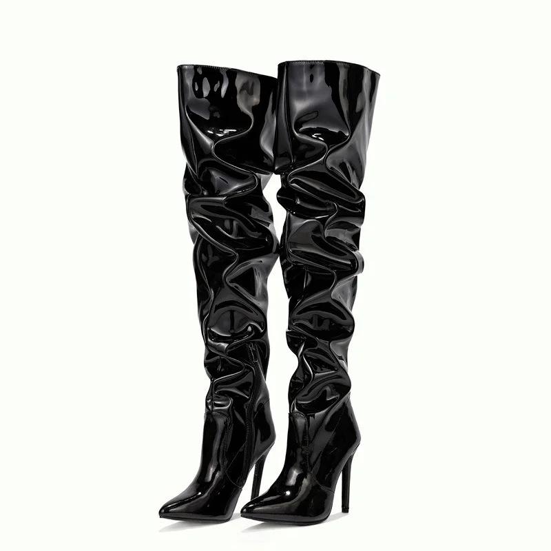 Sexy Pointy Thigh High Boot for Womens Party Shoes Patent Leather Pleated Over The Knee Slim Long Boots Botas De Mujer