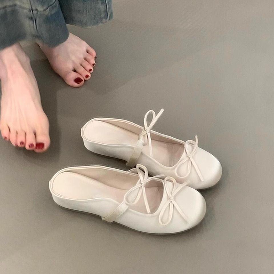 2025 new heightening flat bottom comfortable bag head sandals bow word with satin round head half slippers women