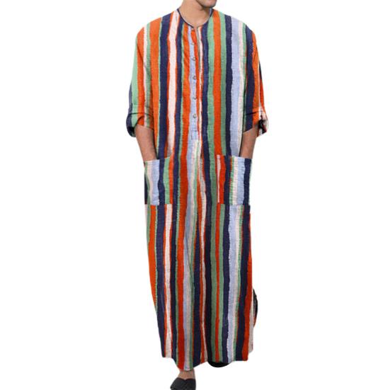 Gown Shirt Colorful Striped Pockets Single-breasted Round Neck Soft Long Shirt for Daily Wear