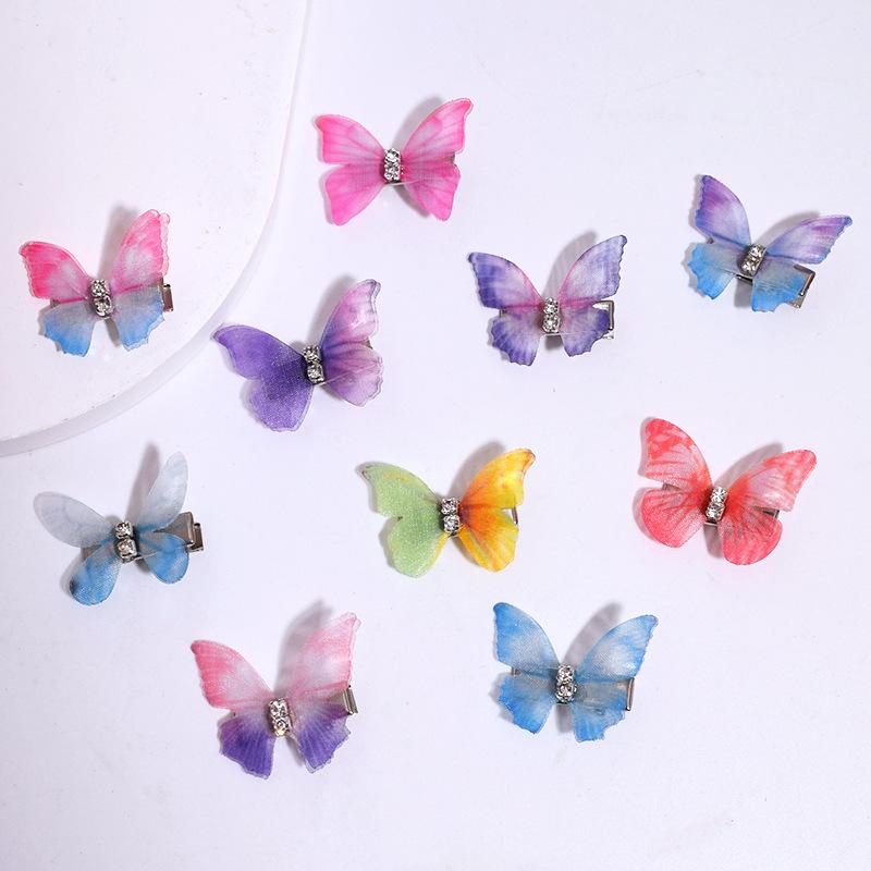 10pcs Colorful Gradient Double-layer Organza Butterfly Hair Clips with Rhinestones, Cute Princess Hair Accessories