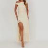 European and American New Products Summer Slanted Shoulder Temperament Split Fork Simple Daily Solid Color Slim Dress Women's Wholesale