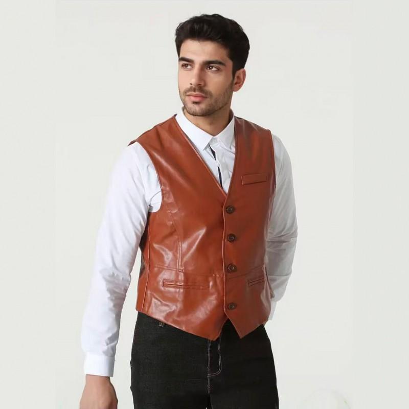 Mens PU Leather Vest Slim Fit V-Neck Single-Breasted Casual Sleeveless Jacket Black Brown