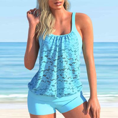 Maiô feminino com alça de ombro, estampa de flor de pêssego azul, biquíni tankini, maiô