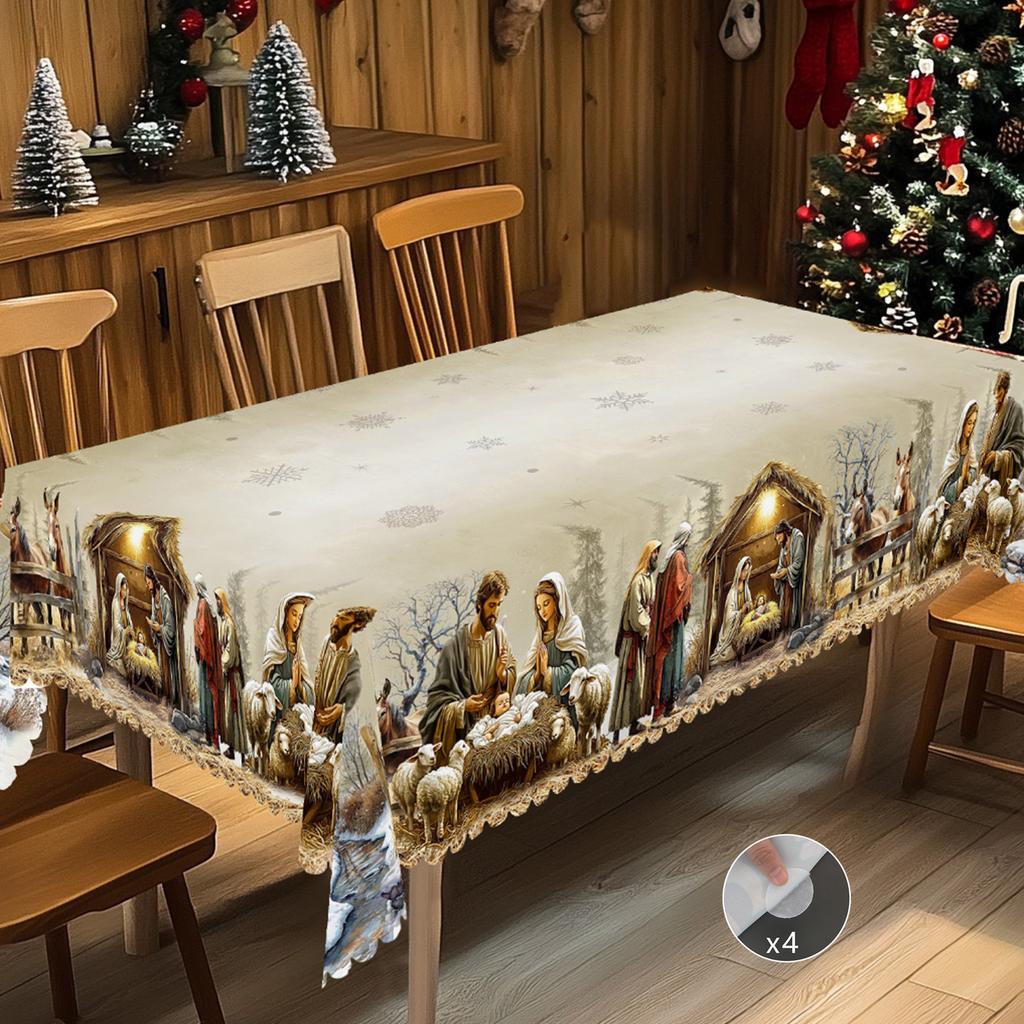 1 Piece Of Christmas-Themed Gold-Printed Tablecloth, Vintage Country Farmhouse Style, Nativity Scene Pattern Design, Suitable For Christmas, New Year'