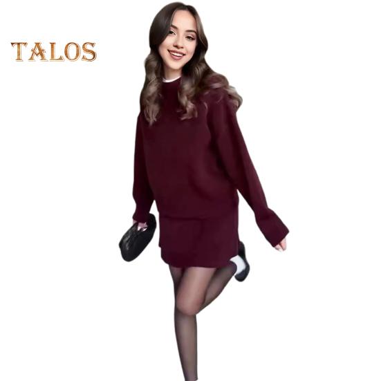 

Комплект из 2 предметов: свитер, юбка, свитер, О-образный вырез, длинный рукав, трикотажные топы, мини-юбка А-силуэта средней посадки, однотонный повседневный наряд S темно-красного