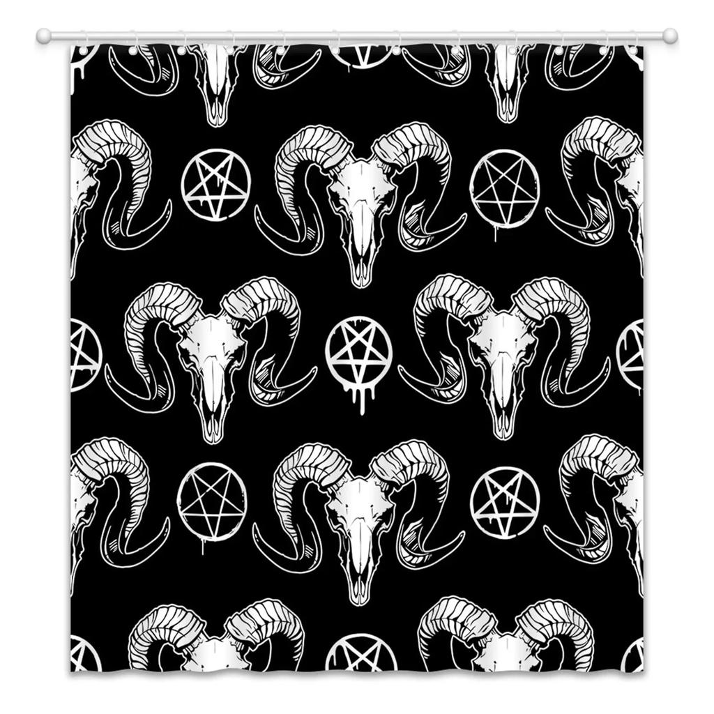 Duschvorhang Pentagramm mit Dämon Baphomet Satanischer Ziegenkopf Binäres Symbol Tattoo Wasserdichtes Badezimmer-Vorhangset mit Haken