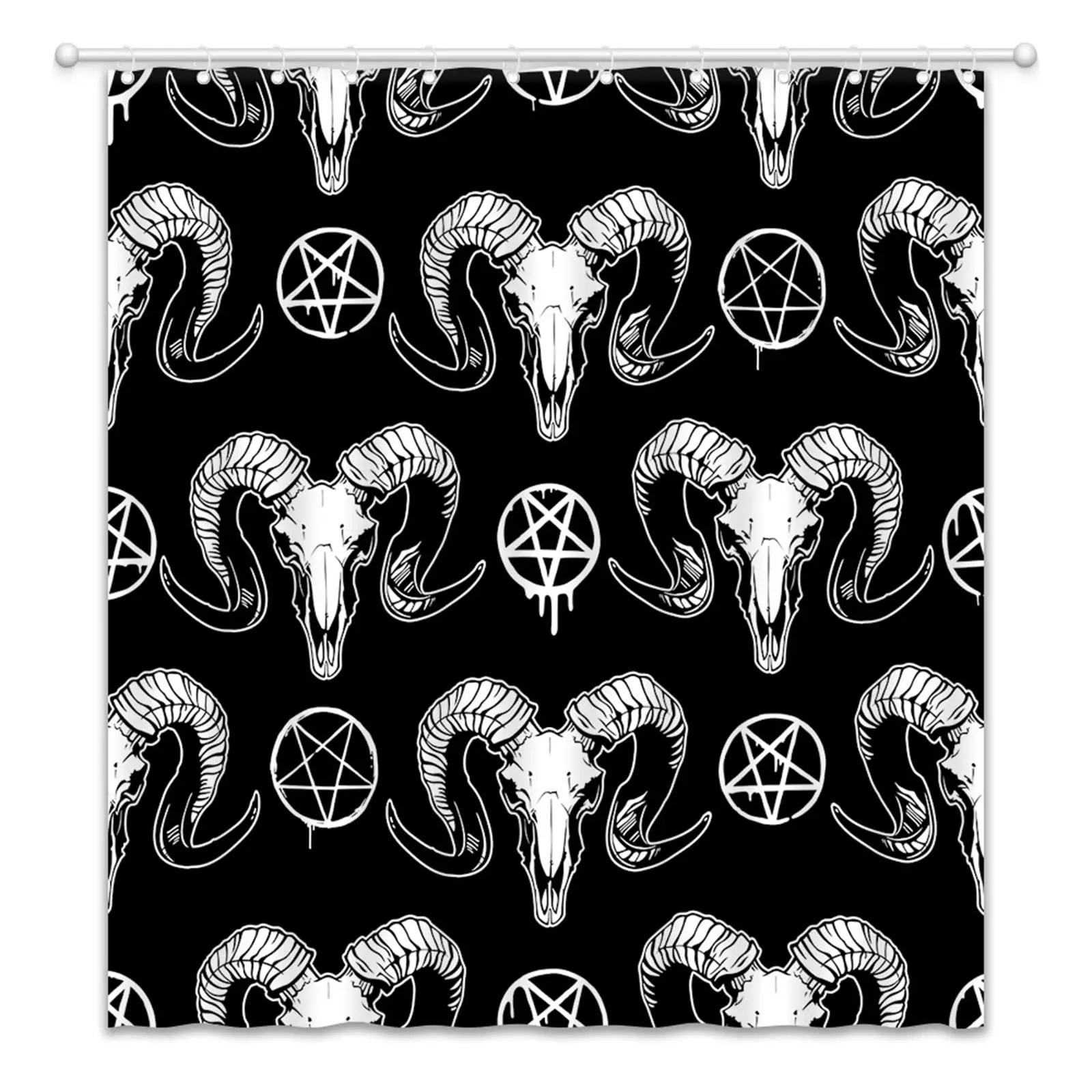 

Shower Curtain Pentagram with Demon Baphomet Satanic Goat Head Binary Symbol Tattoo Waterproof Bathroom Curtains Set with Hooks W90xH180cm