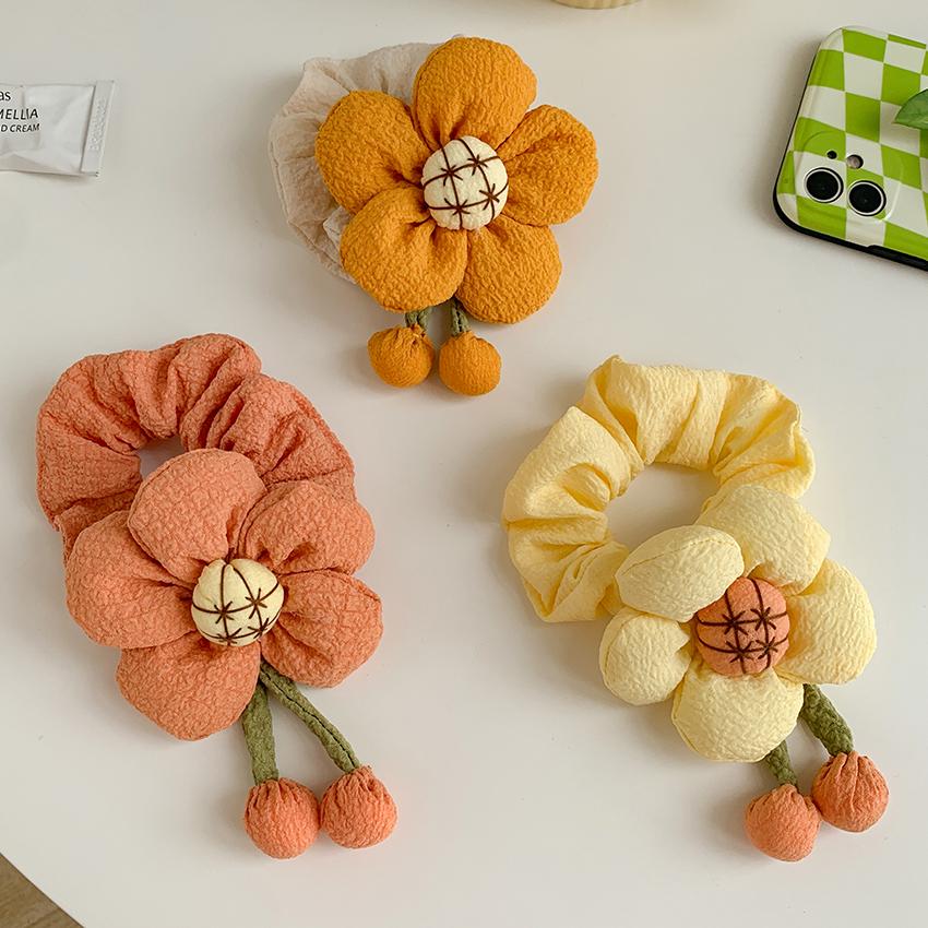 Handmade Flower Kids Hair Scrunchies Satin Elastic Hair Ties Accessories Floral Cute Linen Scrunchy Hair Band for Girls