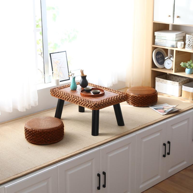 Handwoven Rattan Tea Table Japanese Tatami Style Small Space Coffee Stand Natural Living Room Furniture for Zen Decor