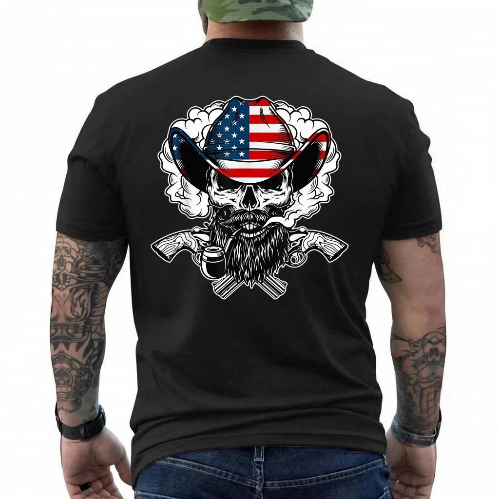 Cool Sugar Skull Cowboy Hat American Flag 4th of July T-Shirt 2XL